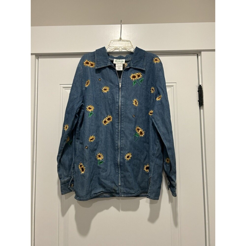 Vintage Quacker Factory Denim Embroidered Sunflowers Jacket Size Medium Cottage